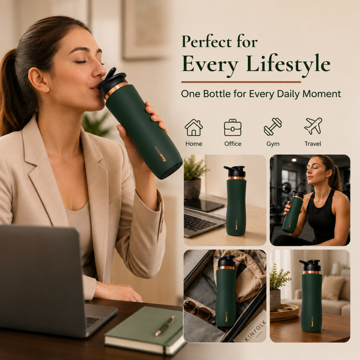 KasaCore Green Matte Copper Sipper 750ml – Flip Top