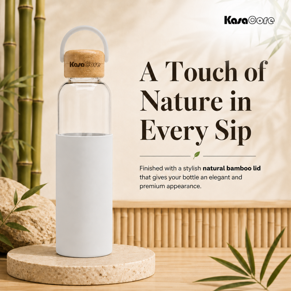 KasaCore Borosilicate Glass Bottle 500ml – White Sleeve
