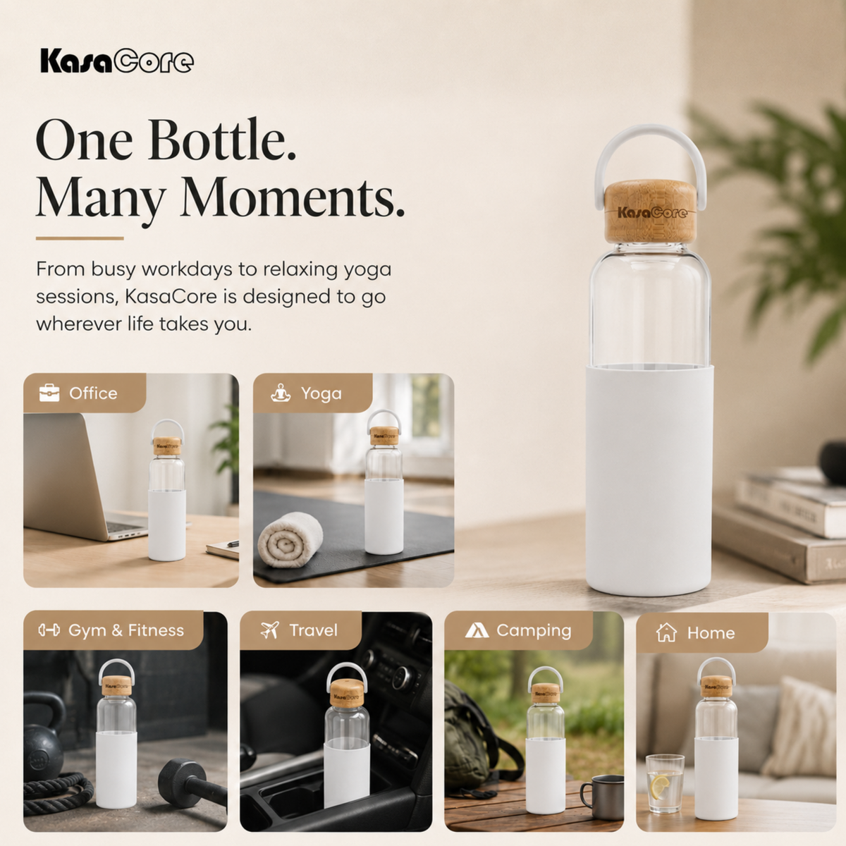 KasaCore Borosilicate Glass Bottle 500ml – White Sleeve