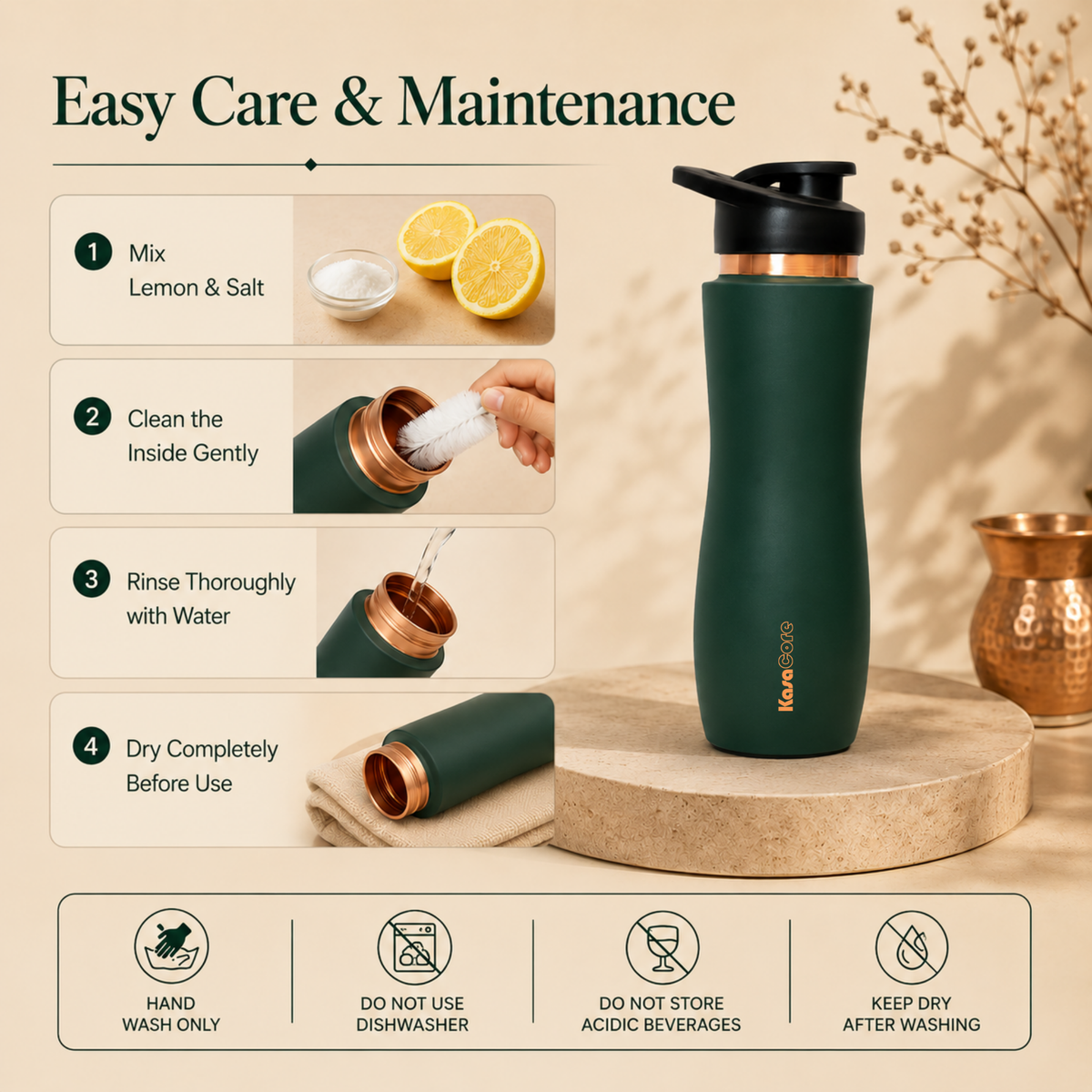 KasaCore Green Matte Copper Sipper 750ml – Flip Top