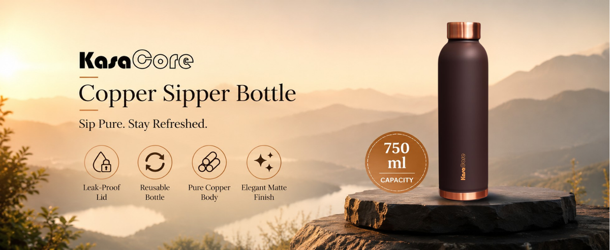 KasaCore 950ml Pure Copper Water Bottle – Leak-Proof Ayurvedic Copper Flask with Wide Mouth & Rubber Base for Gym, Office & Travel detail 1