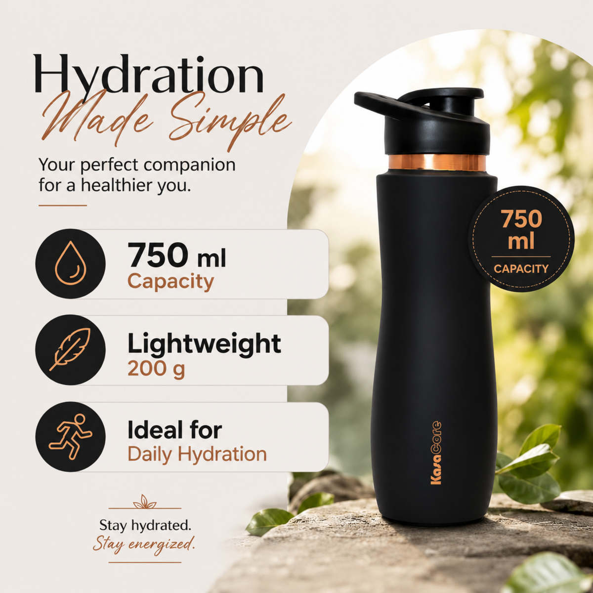 KasaCore Black Matte Copper Sipper 750ml – Flip Top