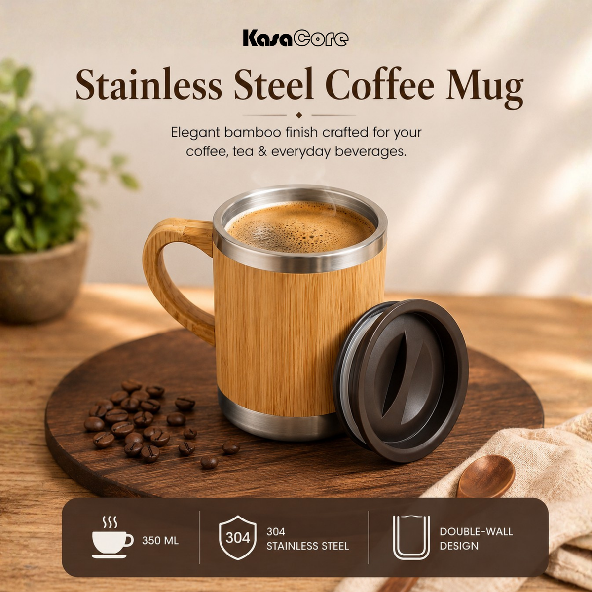 KasaCore Stainless Steel Bamboo Finish Coffee Mug