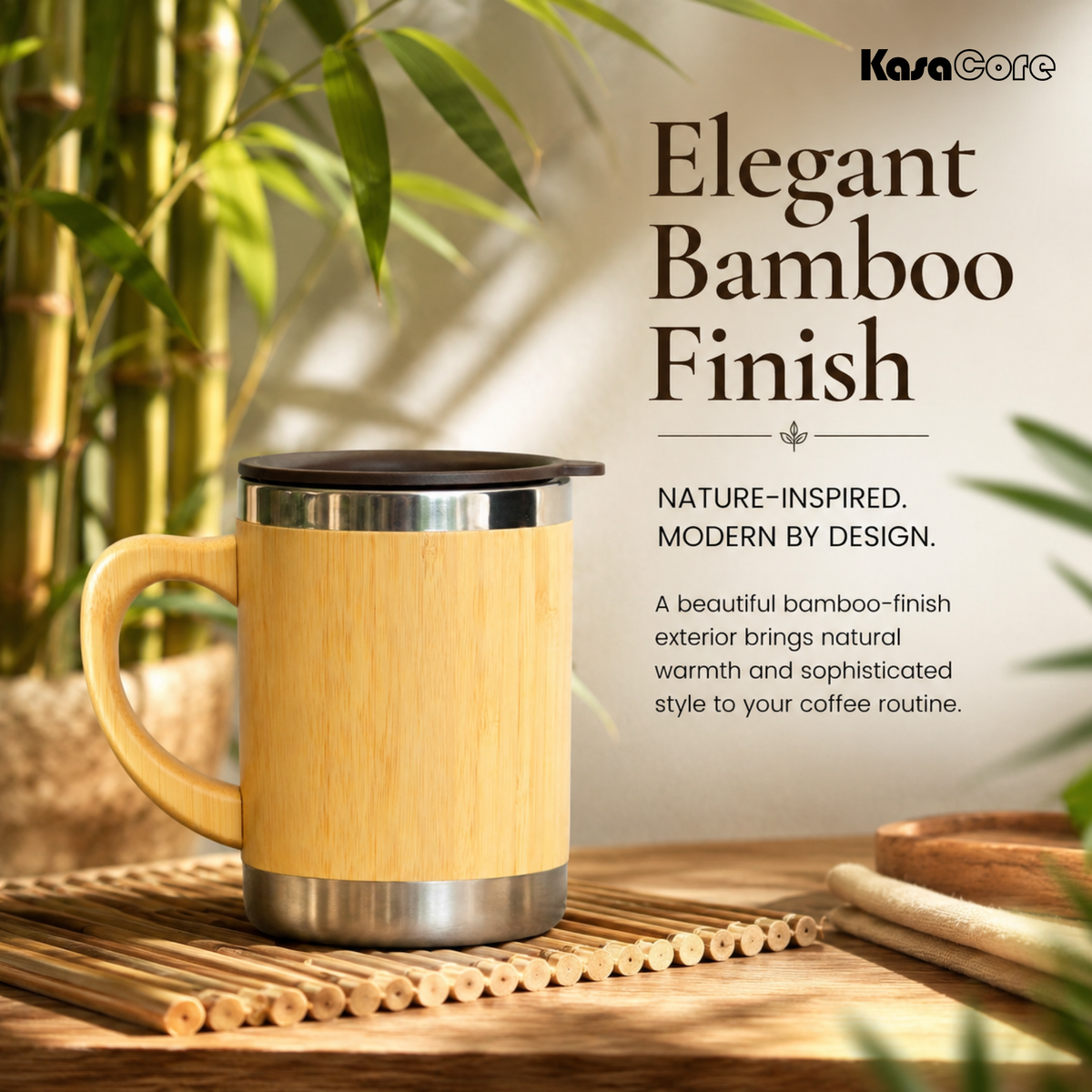 KasaCore Stainless Steel Bamboo Finish Coffee Mug