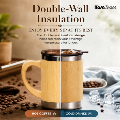 KasaCore Stainless Steel Bamboo Finish Coffee Mug