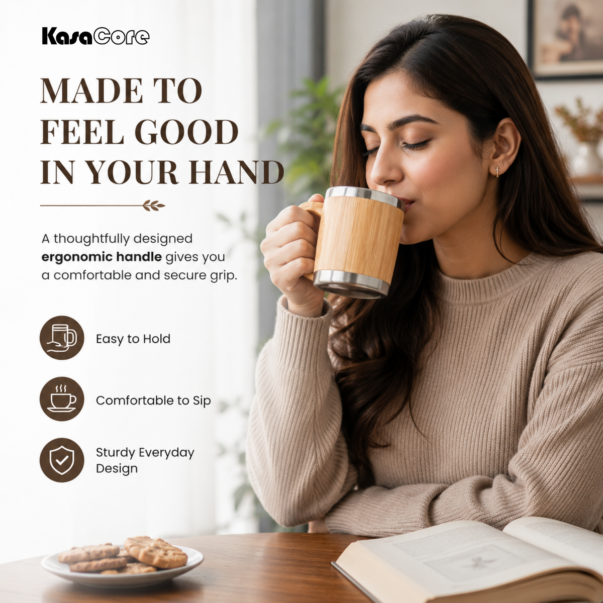 KasaCore Stainless Steel Bamboo Finish Coffee Mug