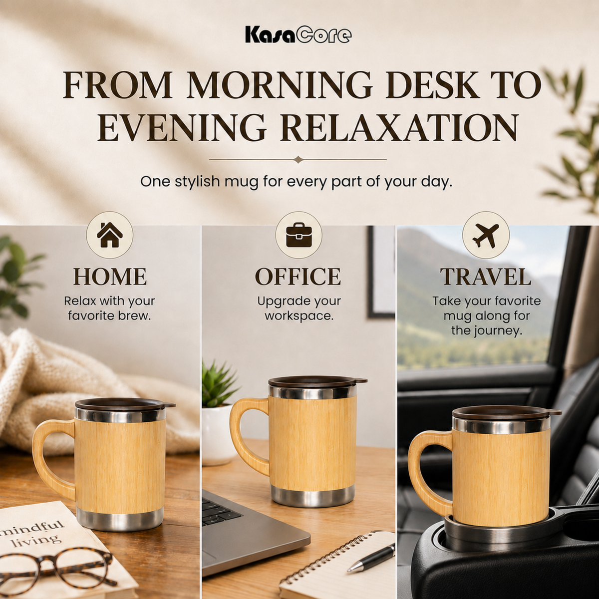 KasaCore Stainless Steel Bamboo Finish Coffee Mug
