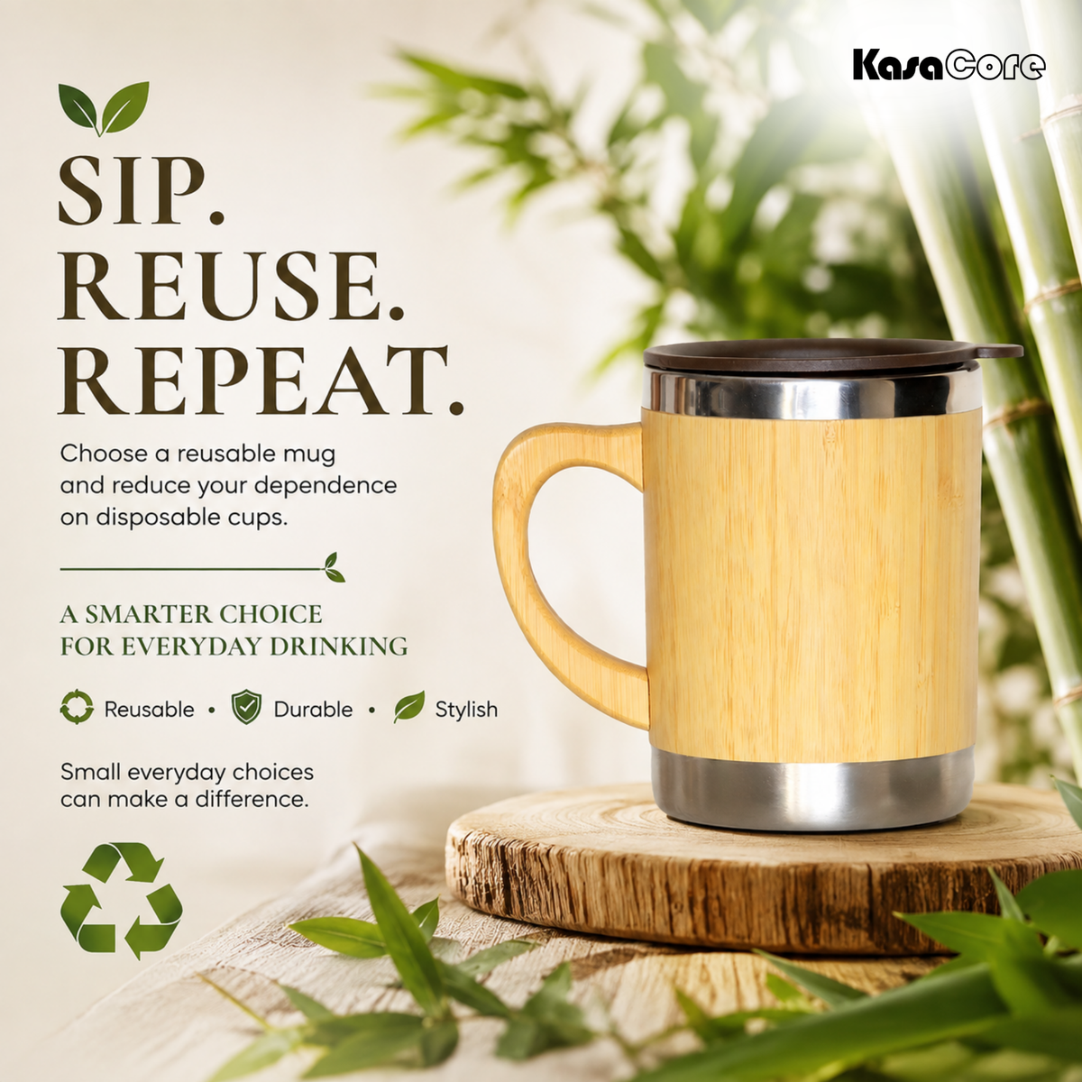 KasaCore Stainless Steel Bamboo Finish Coffee Mug