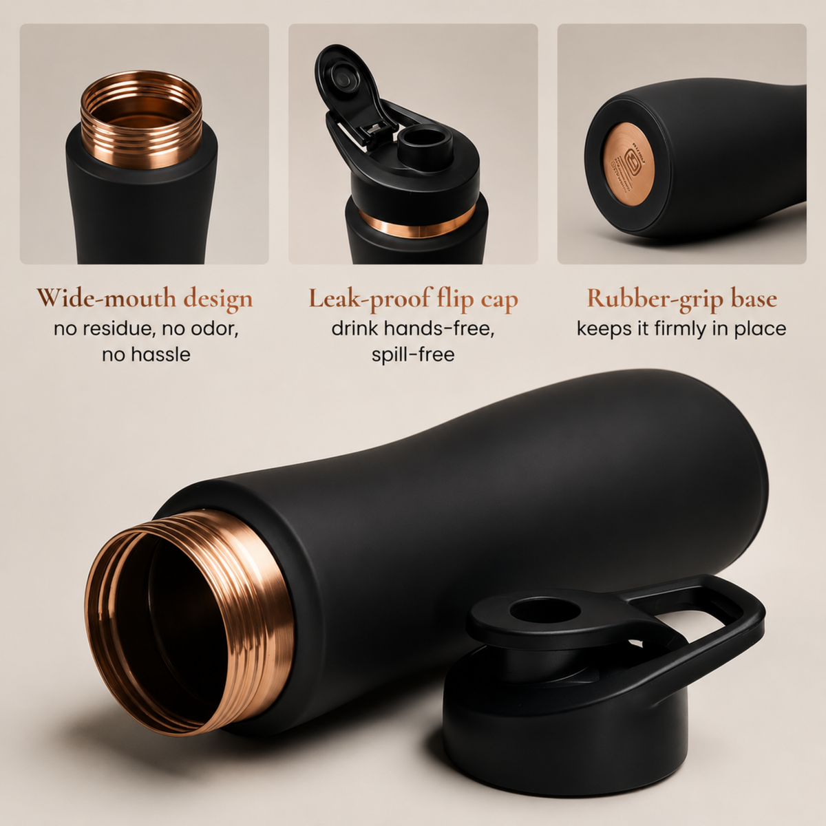 KasaCore Black Matte Copper Sipper 750ml – Flip Top