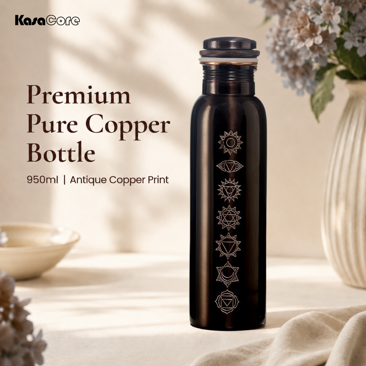 KasaCore 950ml Pure Copper Bottle | Antique Chakra Print