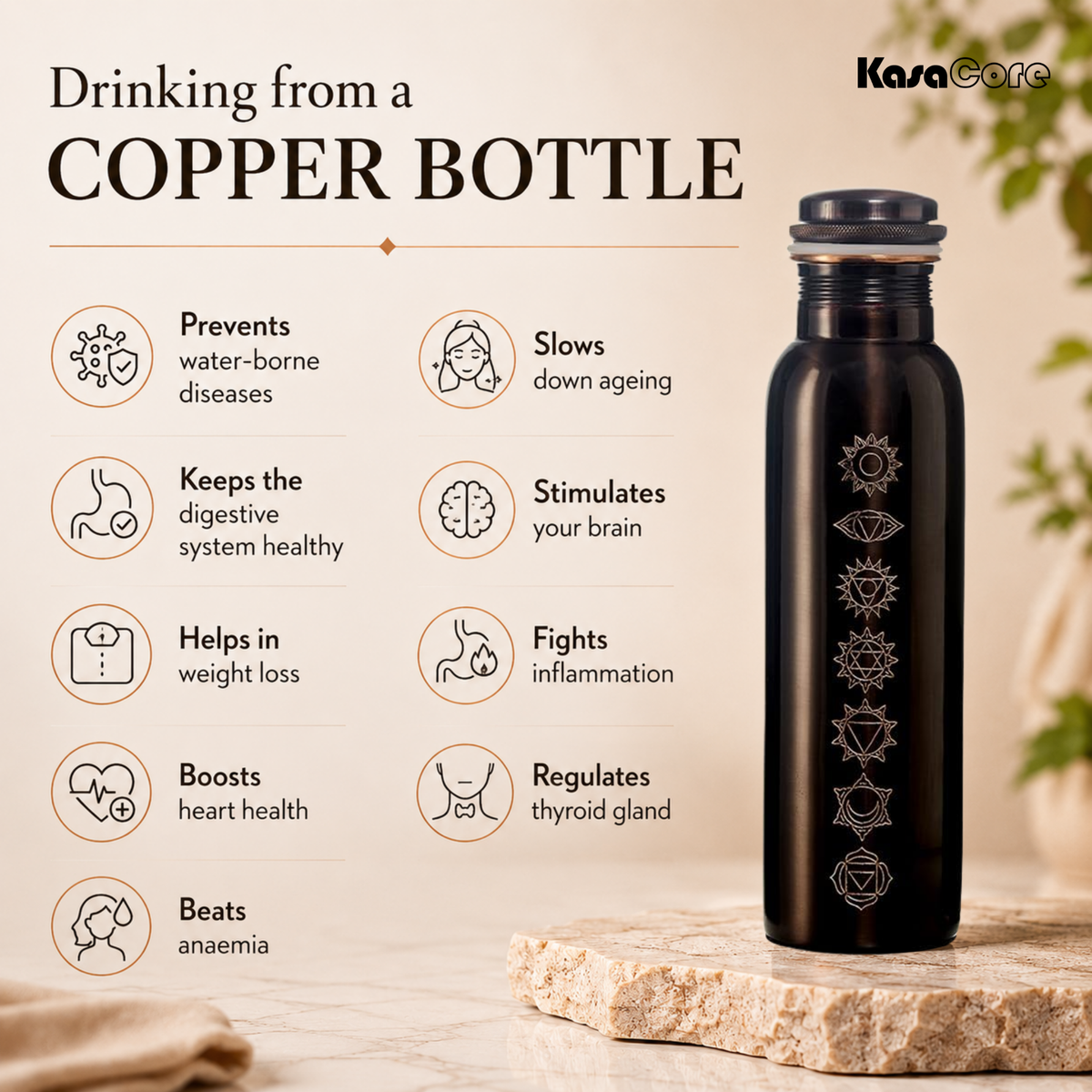 KasaCore 950ml Pure Copper Bottle | Antique Chakra Print