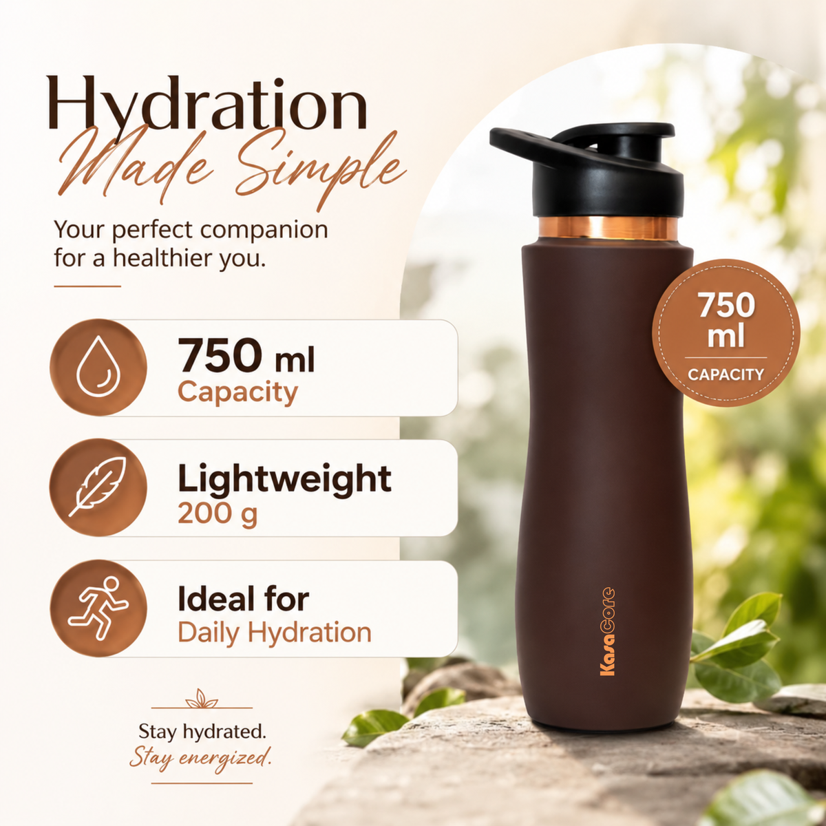 KasaCore Brown Matte Copper Sipper 750ml – Flip Top