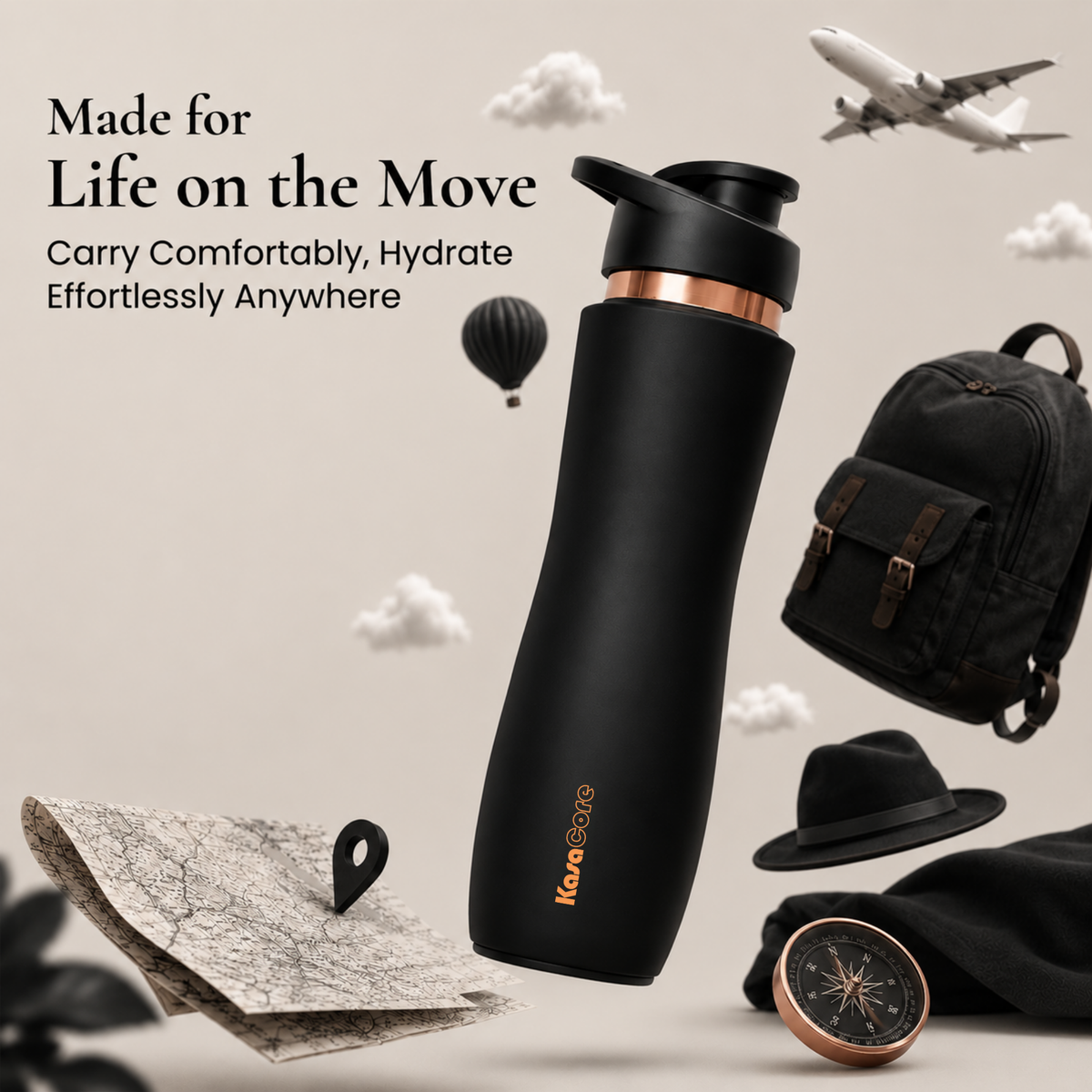 KasaCore Black Matte Copper Sipper 750ml – Flip Top