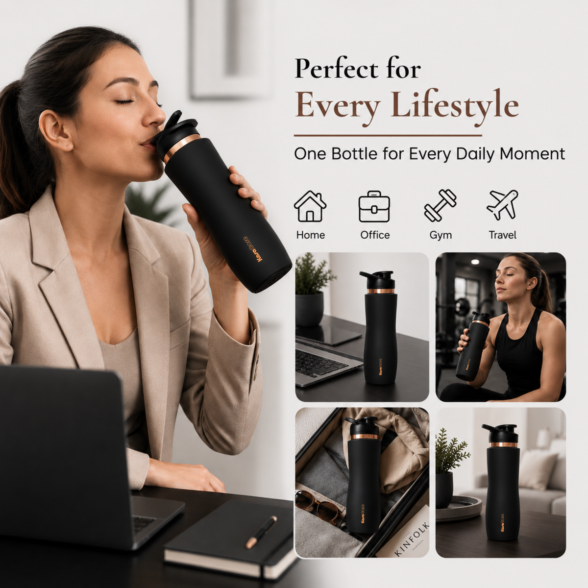 KasaCore Black Matte Copper Sipper 750ml – Flip Top