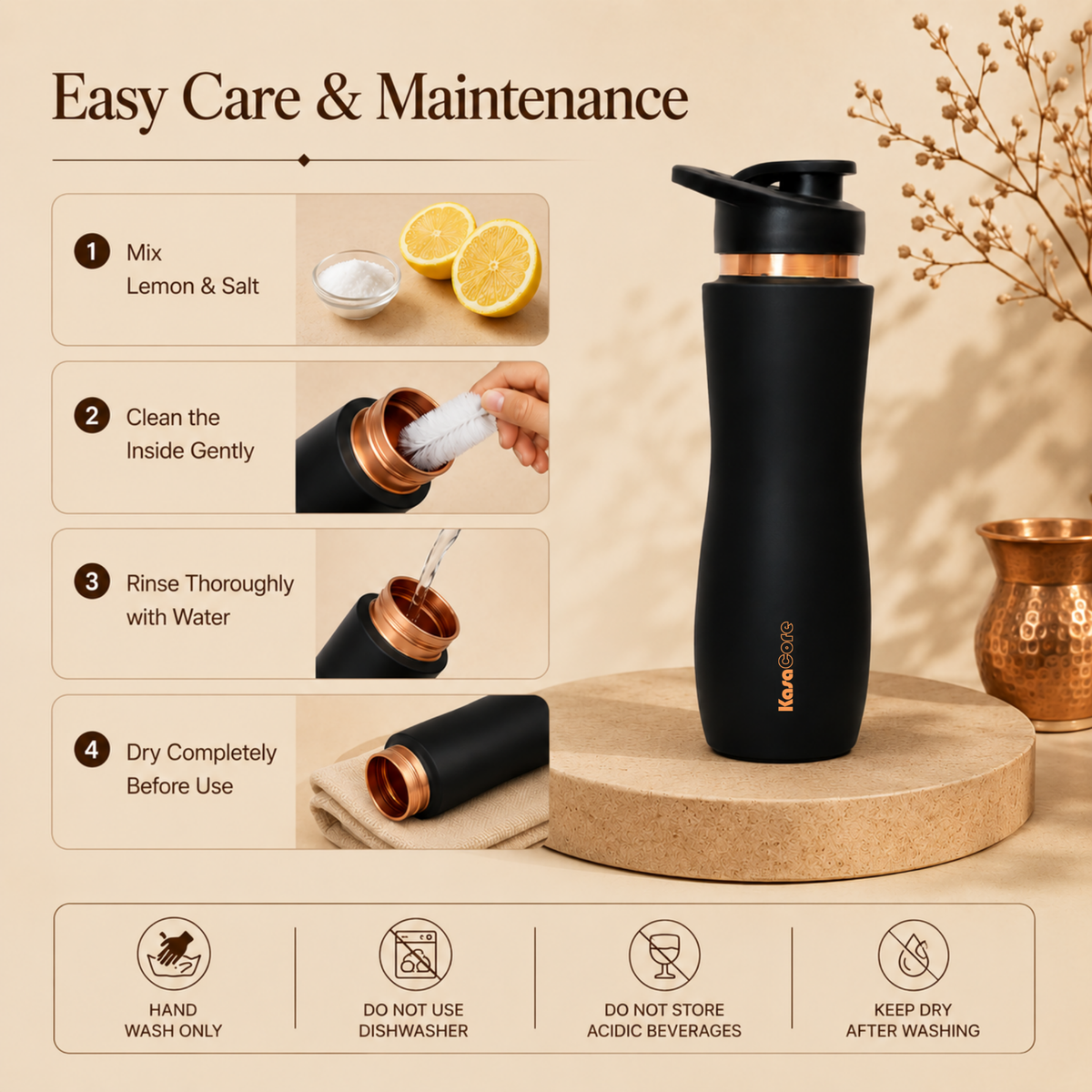 KasaCore Black Matte Copper Sipper 750ml – Flip Top