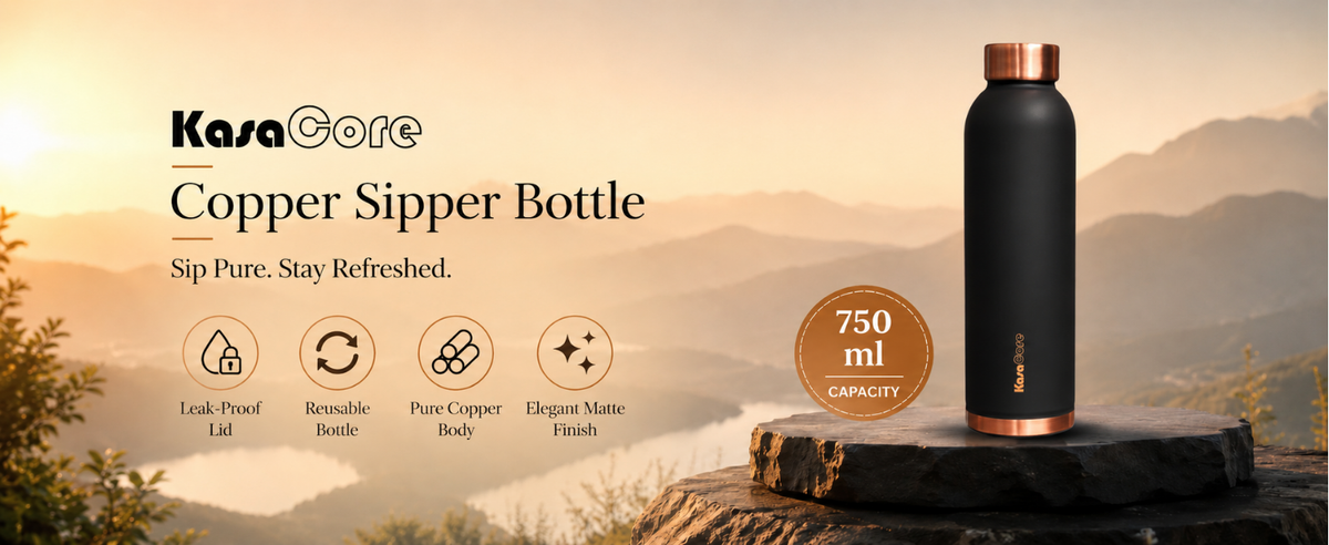 KasaCore 950ml Pure Copper Water Bottle – Leak-Proof Ayurvedic Copper Flask with Wide Mouth & Rubber Base for Gym, Office & Travel detail 1