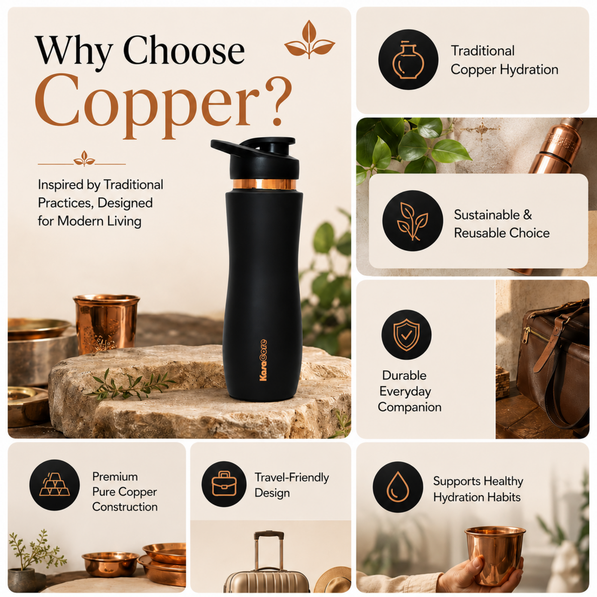 KasaCore Black Matte Copper Sipper 750ml – Flip Top
