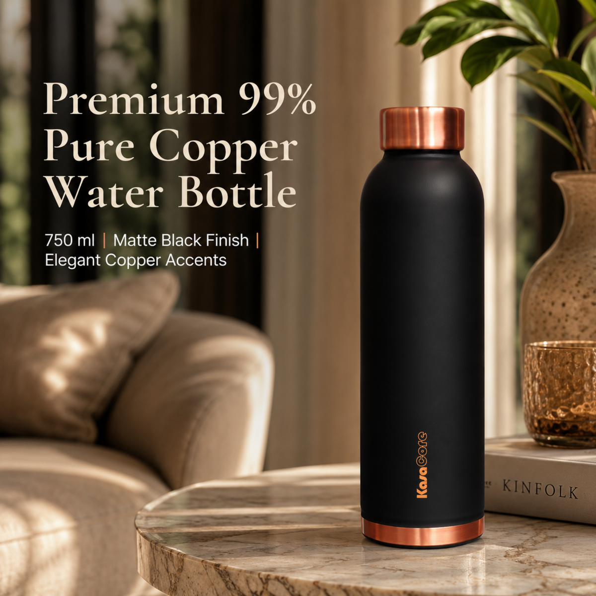 KasaCore 950ml Pure Copper Water Bottle – Leak-Proof Ayurvedic Copper Flask with Wide Mouth & Rubber Base for Gym, Office & Travel