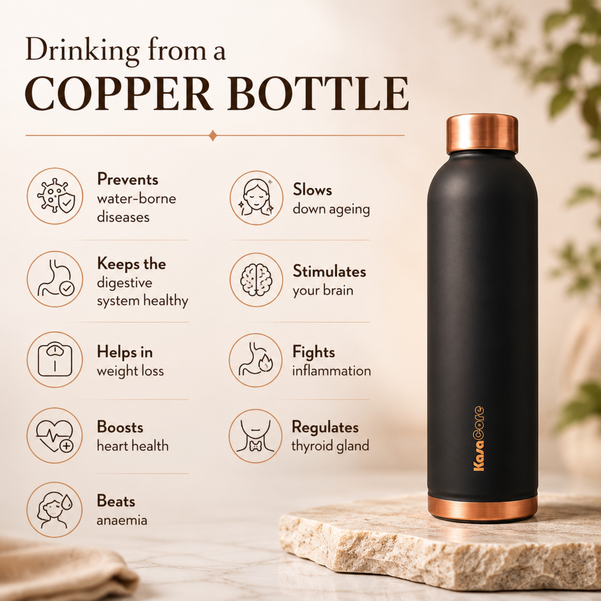 KasaCore 950ml Pure Copper Water Bottle – Leak-Proof Ayurvedic Copper Flask with Wide Mouth & Rubber Base for Gym, Office & Travel