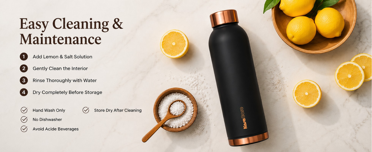 KasaCore 950ml Pure Copper Water Bottle – Leak-Proof Ayurvedic Copper Flask with Wide Mouth & Rubber Base for Gym, Office & Travel detail 6