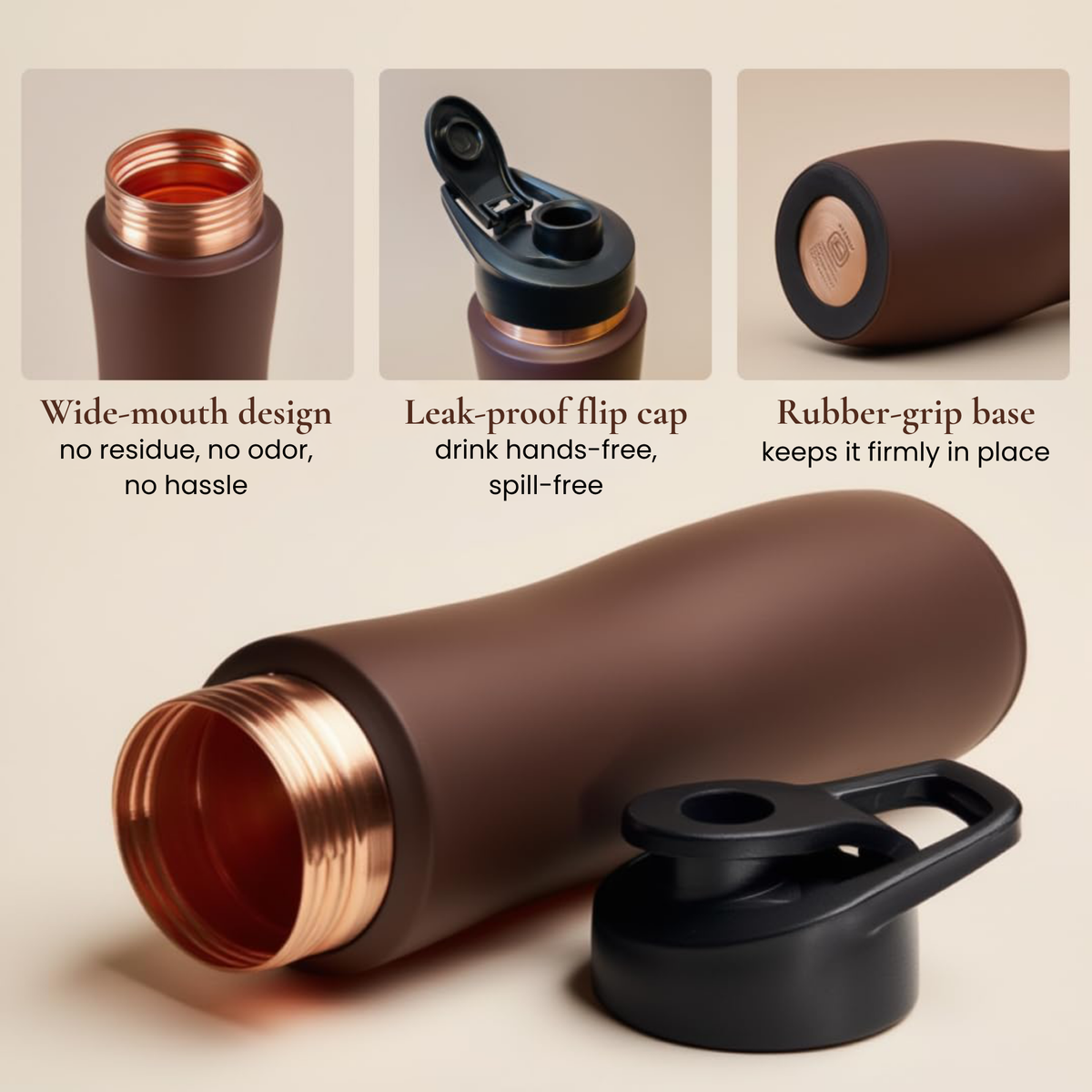 KasaCore Brown Matte Copper Sipper 750ml – Flip Top
