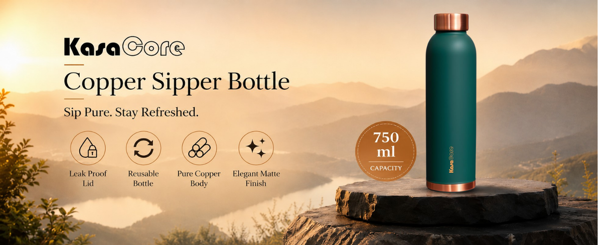 KasaCore 950ml Pure Copper Water Bottle – Leak-Proof Ayurvedic Copper Flask with Wide Mouth & Rubber Base for Gym, Office & Travel detail 1
