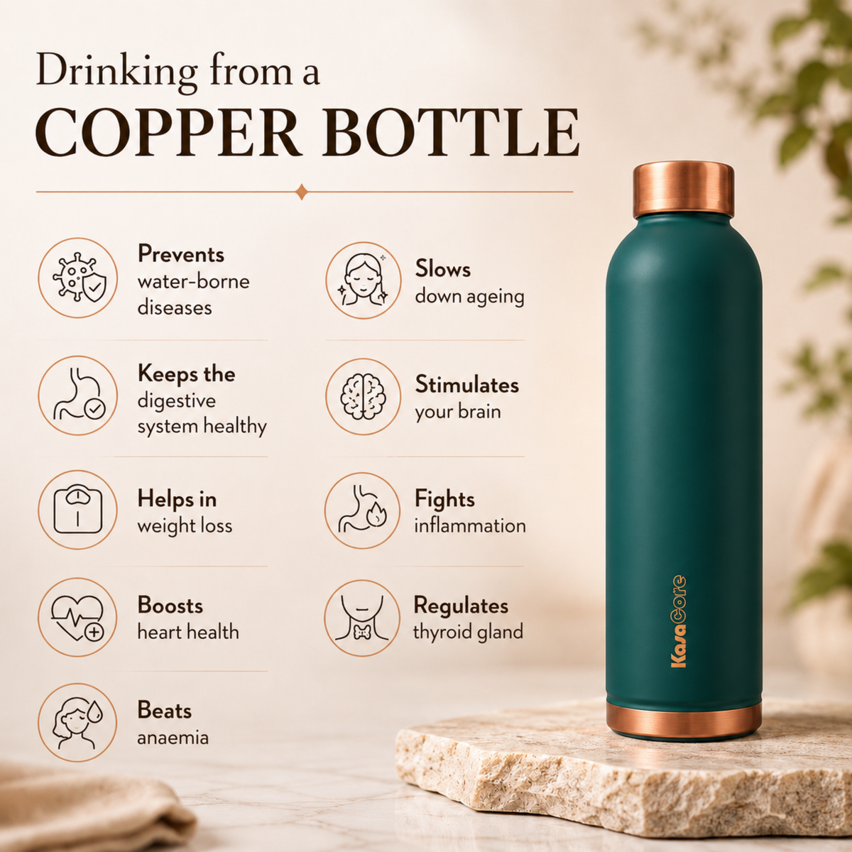 KasaCore 950ml Pure Copper Water Bottle – Leak-Proof Ayurvedic Copper Flask with Wide Mouth & Rubber Base for Gym, Office & Travel