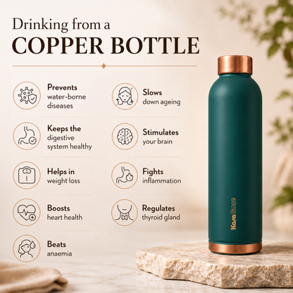 KasaCore 950ml Pure Copper Water Bottle – Leak-Proof Ayurvedic Copper Flask with Wide Mouth & Rubber Base for Gym, Office & Travel
