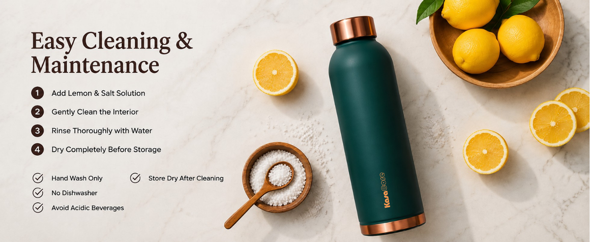 KasaCore 950ml Pure Copper Water Bottle – Leak-Proof Ayurvedic Copper Flask with Wide Mouth & Rubber Base for Gym, Office & Travel detail 7