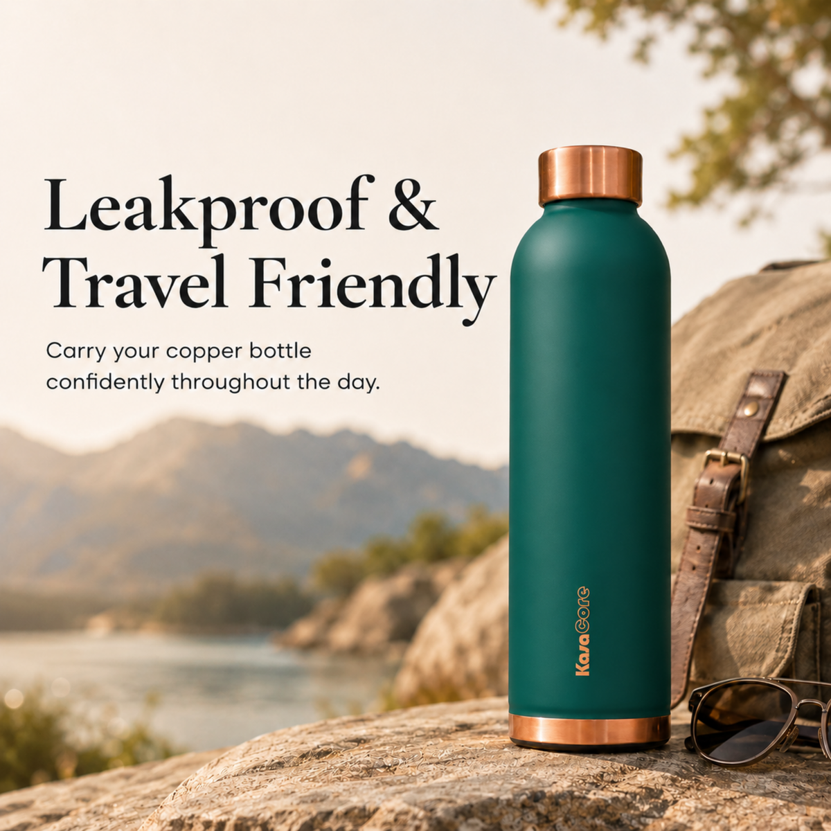 KasaCore 950ml Pure Copper Water Bottle – Leak-Proof Ayurvedic Copper Flask with Wide Mouth & Rubber Base for Gym, Office & Travel