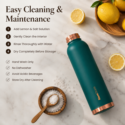 KasaCore 950ml Pure Copper Water Bottle – Leak-Proof Ayurvedic Copper Flask with Wide Mouth & Rubber Base for Gym, Office & Travel