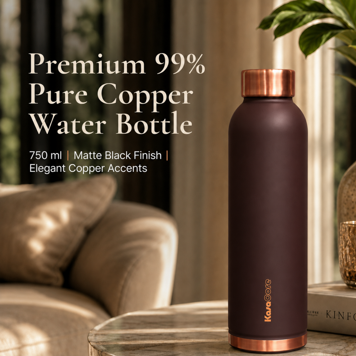 KasaCore 950ml Pure Copper Water Bottle – Leak-Proof Ayurvedic Copper Flask with Wide Mouth & Rubber Base for Gym, Office & Travel