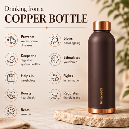 KasaCore 950ml Pure Copper Water Bottle – Leak-Proof Ayurvedic Copper Flask with Wide Mouth & Rubber Base for Gym, Office & Travel