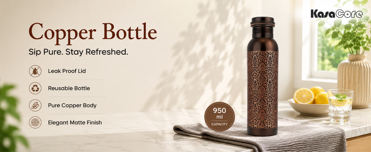 KasaCore Engraved Copper Bottle 950ml – Leakproof detail 1