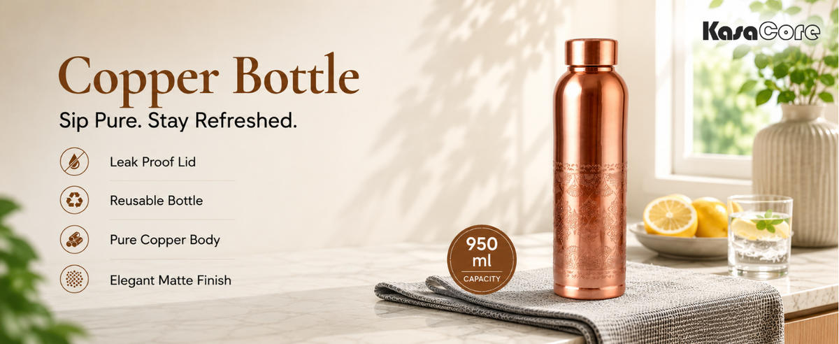 KasaCore Handcrafted Engraved Copper Bottle 950ml detail 1