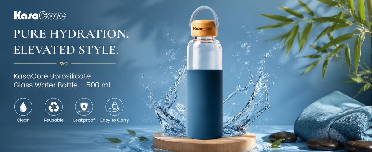 KasaCore Borosilicate Glass Bottle 500ml – Blue Sleeve detail 1