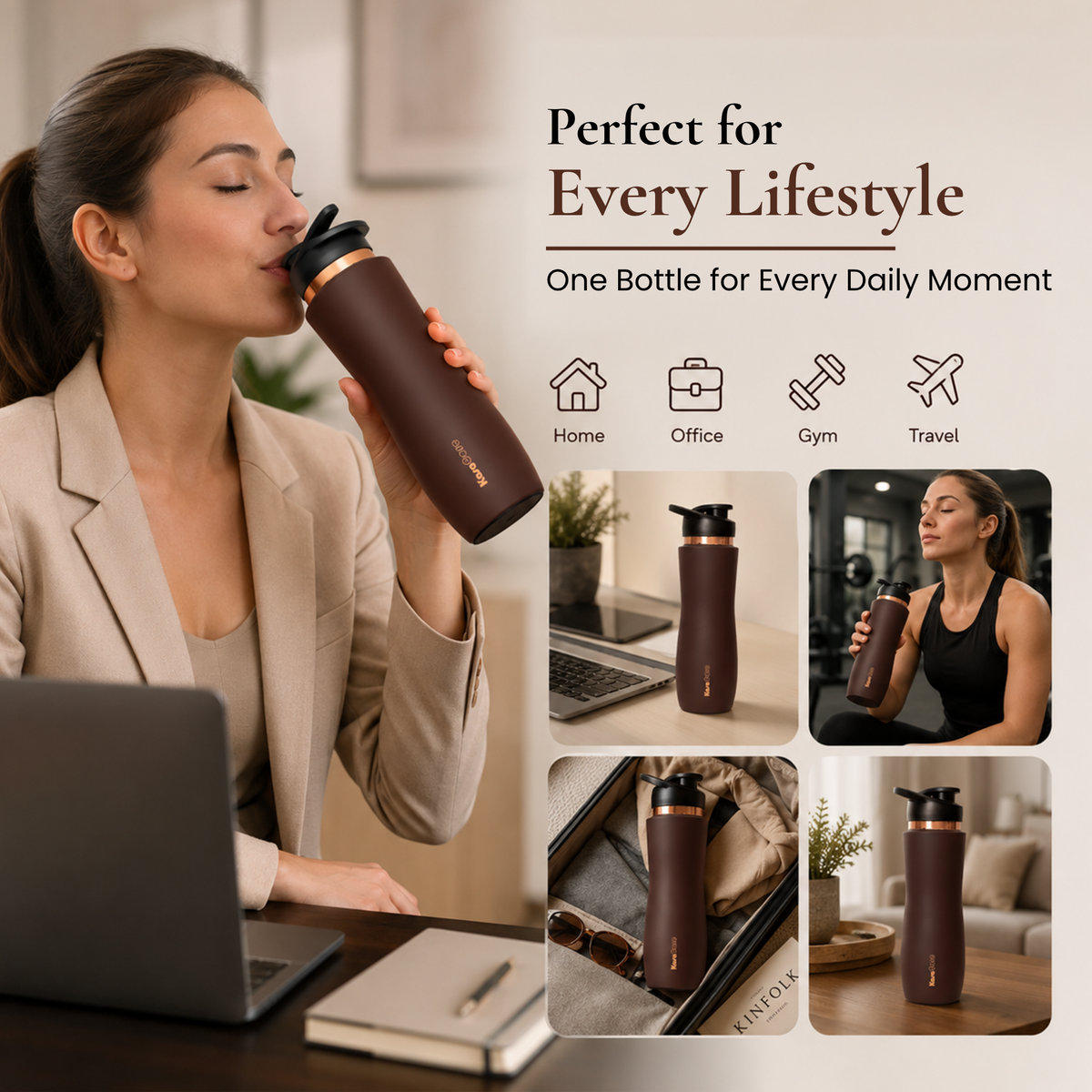 KasaCore Brown Matte Copper Sipper 750ml – Flip Top