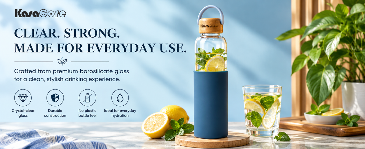 KasaCore Borosilicate Glass Bottle 500ml – Blue Sleeve detail 3