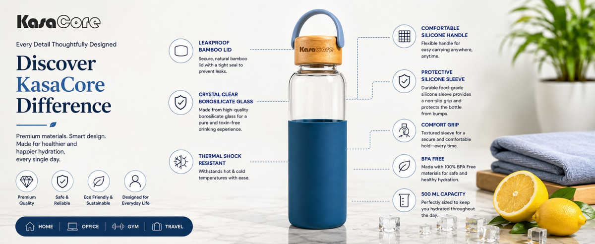 KasaCore Borosilicate Glass Bottle 500ml – Blue Sleeve detail 5