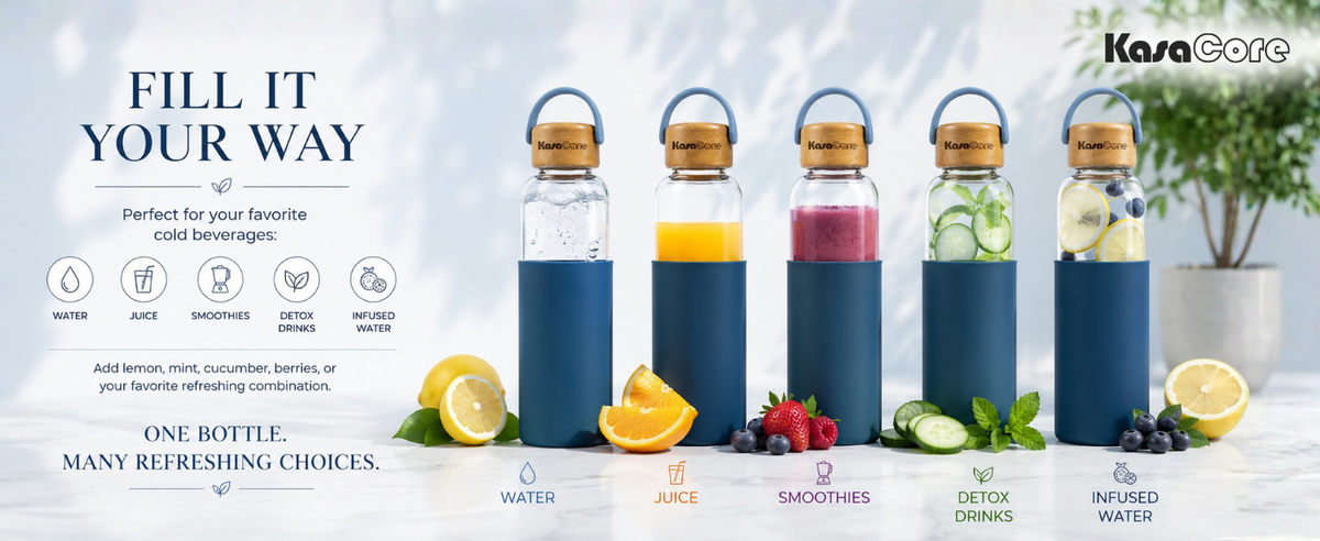 KasaCore Borosilicate Glass Bottle 500ml – Blue Sleeve detail 6