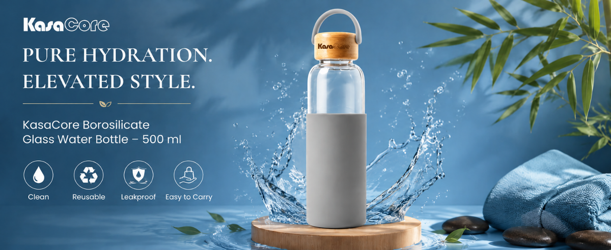 KasaCore Borosilicate Glass Bottle 500ml – Grey Sleeve detail 1