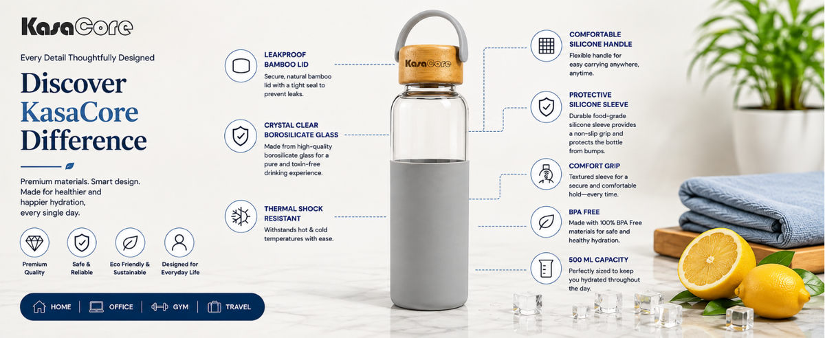 KasaCore Borosilicate Glass Bottle 500ml – Grey Sleeve detail 5