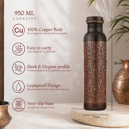 KasaCore Black Copper Engraved Mandala Water Bottle – 950ml