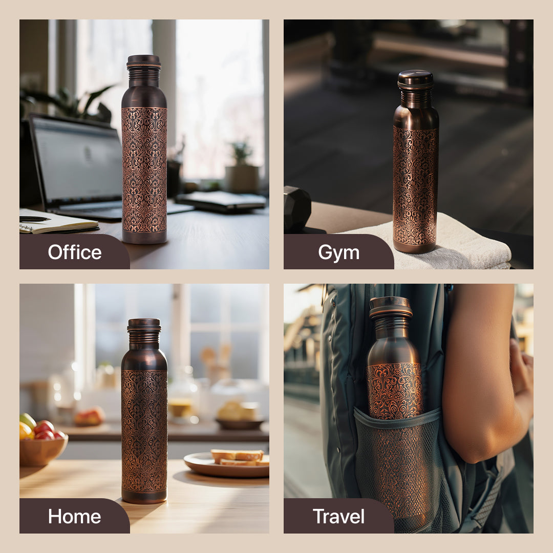 KasaCore Black Copper Engraved Mandala Water Bottle – 950ml