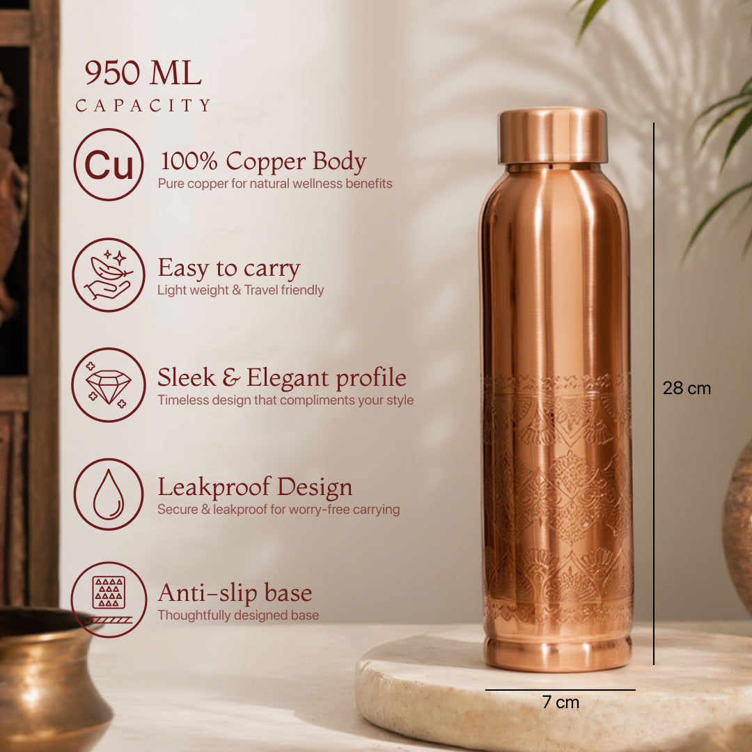 KasaCore Copper Engraved Mandala Water Bottle – 950ml