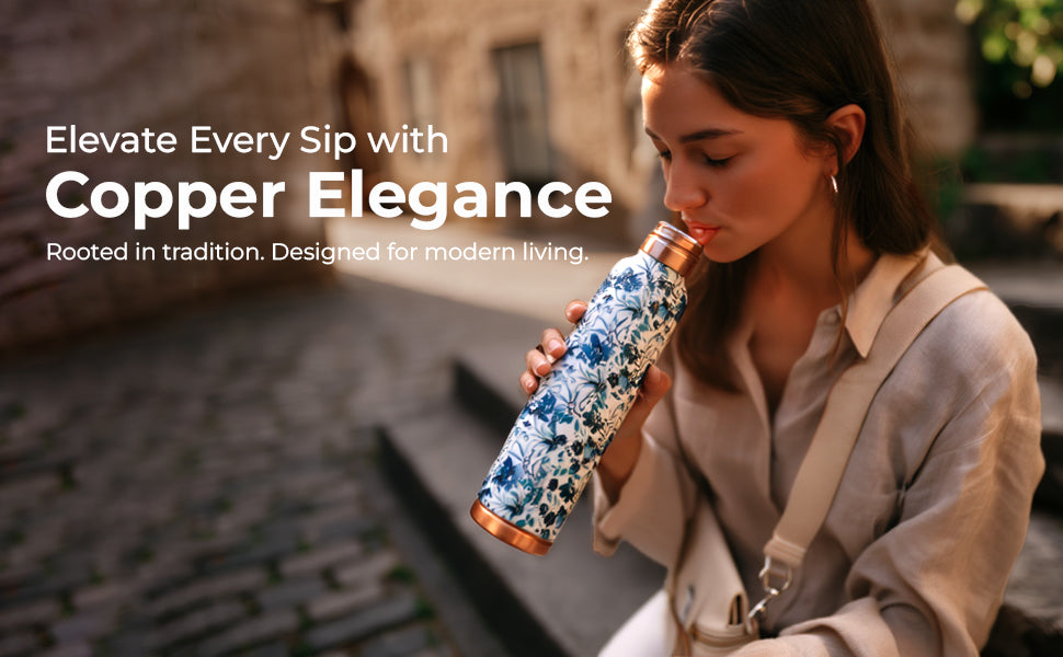 KasaCore Blue Floral Print Copper Water Bottle – 950ml detail 1