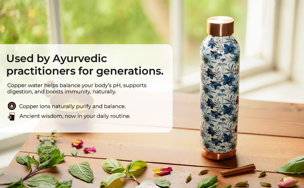 KasaCore Blue Floral Print Copper Water Bottle – 950ml detail 2