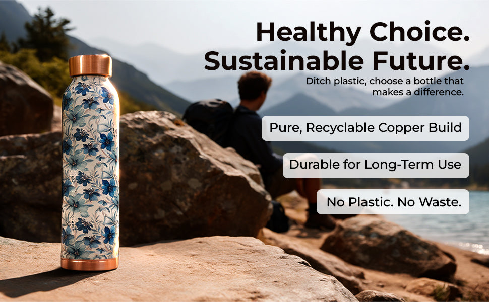 KasaCore Blue Floral Print Copper Water Bottle – 950ml detail 4
