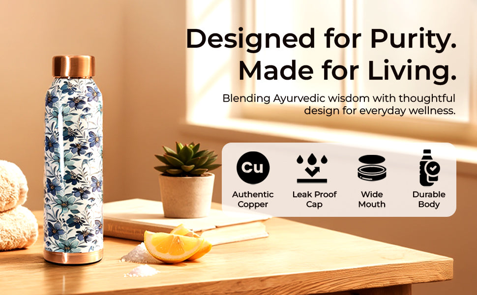 KasaCore Blue Floral Print Copper Water Bottle – 950ml detail 6