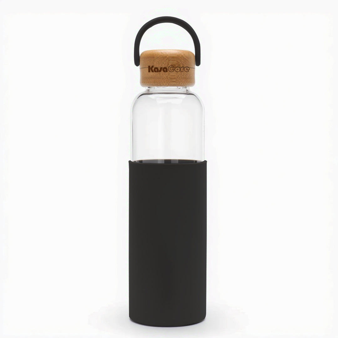 KasaCore Borosilicate Glass Water Bottle – Silicone Sleeve & Bamboo Cap – 550ml